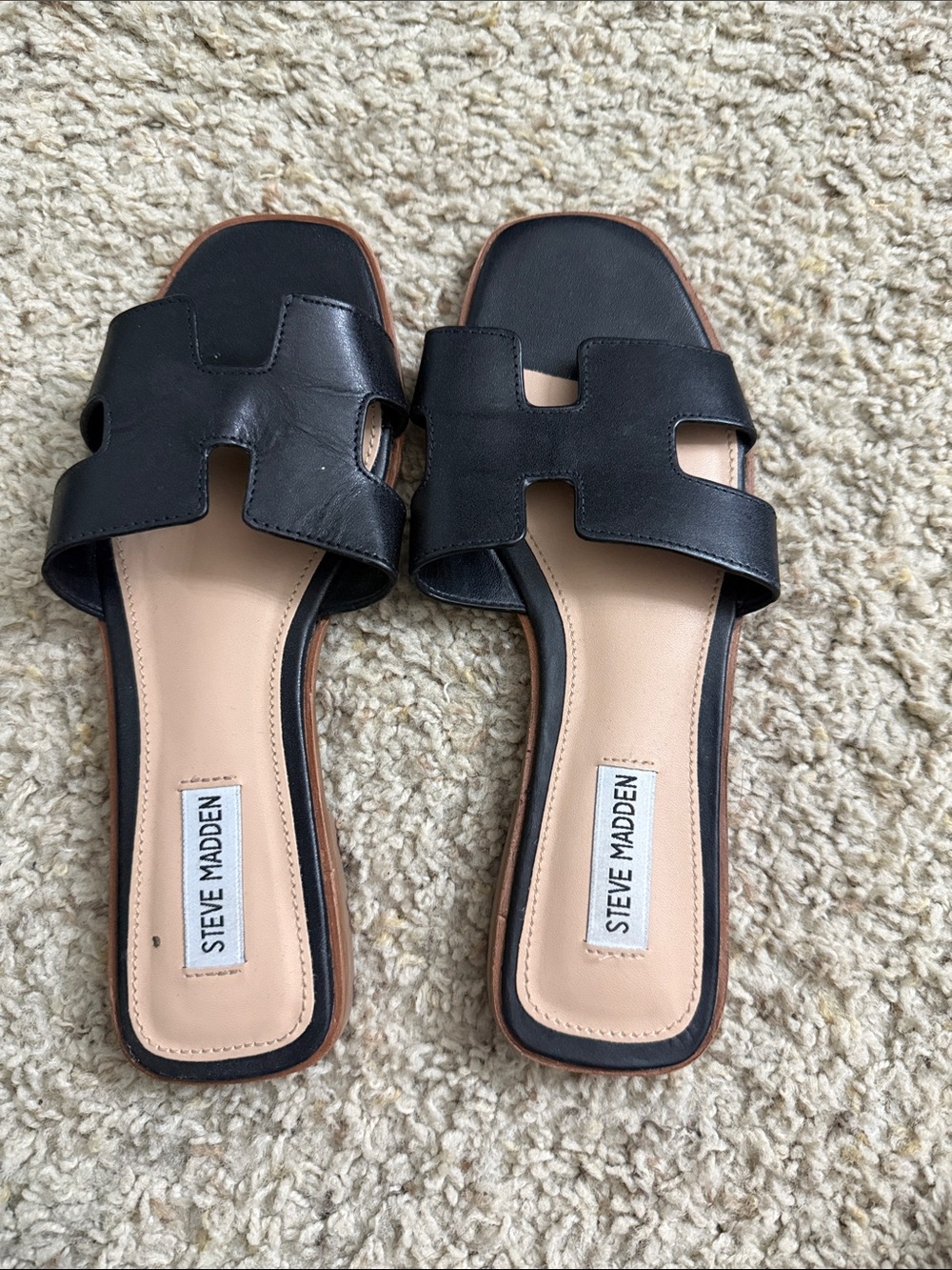Steve Madden Black Leather Cutout Slide Sandals